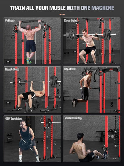 SunHome Power Cage Squat Rack, Power Rack with Pulley System, Adjustable Cable Crossover System, J-Hooks, Dip Handles, Weight Plate Storage