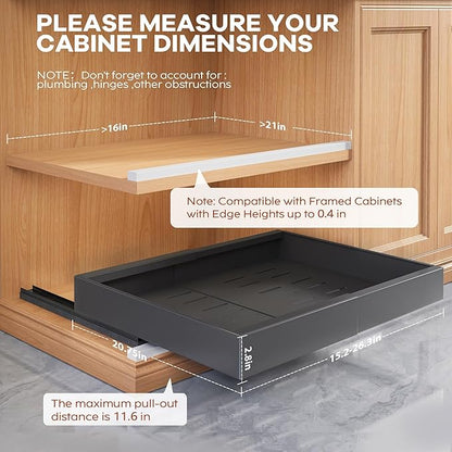 2 Pack Expandable Pull Out Cabinet Organizer 21"Deep With Raising Pad for Framed Cabinets,Upgrade 3 Slide Rails Slide Out Drawers,Roll Out Shelves Adhesive,Adjustable Width 15.15"-26.3" Black