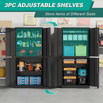 Metal Storage Cabinet with 3 Adjustable Shelves,Garage Storage Cabinet with Lock,Black Metal Cabinet with Locking Doors,Steel Cabinets 4 Doors,71" Lockable Storage Cabinets for Garage,Home,Office