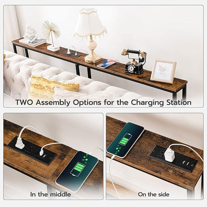 HOOBRO 63" Narrow Console Table with Charging Station, 5.9" Sofa Table with 2 Power Outlets and USB Ports, Long Entryway Tables Behind Couch Table, for Hallway, Livingroom, Rustic Brown BF165UXG01G1