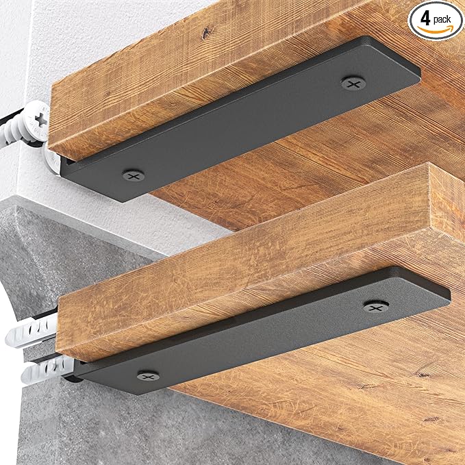 Goovilla Heavy Duty Floating Shelf Brackets 6 Inch for 2×4” Wood Stud, 4 Pack L Brackets for Shelves or Shelving, Black Coated Metal Shelf Hardware with 160 lb. Load Capacity and Easy Installation