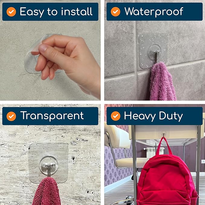 GLUIT Adhesive Wall Hooks for Hanging Heavy Duty 22 lbs Hooks for Walls No Drill, Towel Sticky Clear Hooks, Waterproof, Home, Bathroom, Kitchen, Office, and Outdoor 20 Pack