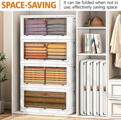 4 Tier Storage Bins with Lids 102QT, Stackable Storage Containers with Wheels, Folding Boxes, Extra Large Collapsible Bins, White