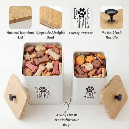PERFNIQUE Dog Treat Container, Airtight Dog Treat Jar Set of 2, Dog Cookie Jar for kitchen Counter, Pet Treat Container, Dog Treat Canister and Storage, 7.8x6.2 & 7.3x5.5(White)