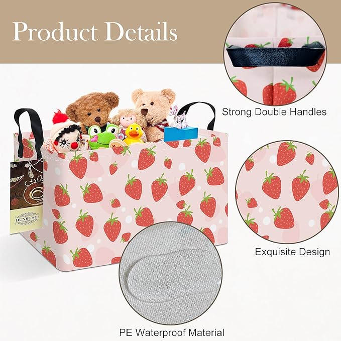 HUNRUNG Rectangle Storage Basket Cute Canvas Organizer Bin for Pet/Children Toys, Books, Clothes Perfect for Rooms/Playroom(REC-Pink Strawberry)
