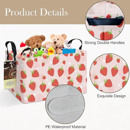 HUNRUNG Rectangle Storage Basket Cute Canvas Organizer Bin for Pet/Children Toys, Books, Clothes Perfect for Rooms/Playroom(REC-Pink Strawberry)