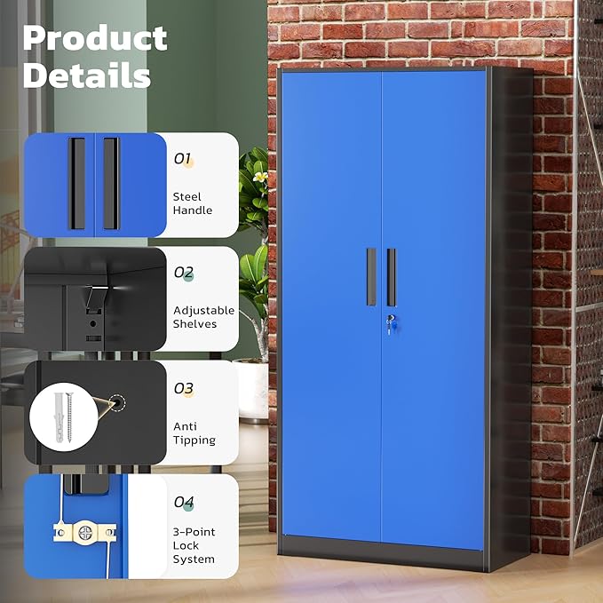 Greenvelly Metal Lockable Storage Cabinet, 72” Storage Cabinet with 2 Doors and 4 Adjustable Shelves for Office, Home, Garage, Pantry (Assembly Required, Black Blue)