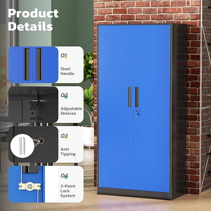 Greenvelly Metal Lockable Storage Cabinet, 72” Storage Cabinet with 2 Doors and 4 Adjustable Shelves for Office, Home, Garage, Pantry (Assembly Required, Black Blue)