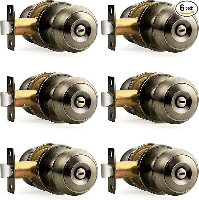 Probrico Bed/Bath Keyless Privacy Interior Door Knobs, Antique Brass Door Knobs 6 Pack