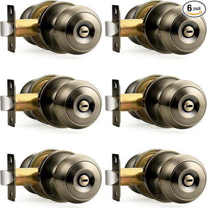Probrico Bed/Bath Keyless Privacy Interior Door Knobs, Antique Brass Door Knobs 6 Pack