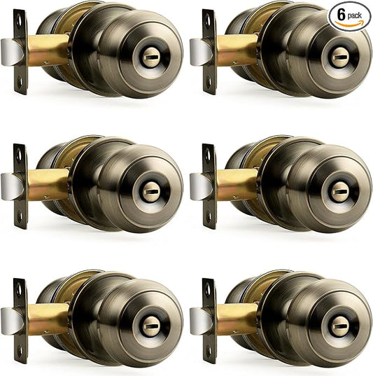 Probrico Bed/Bath Keyless Privacy Interior Door Knobs, Antique Brass Door Knobs 6 Pack