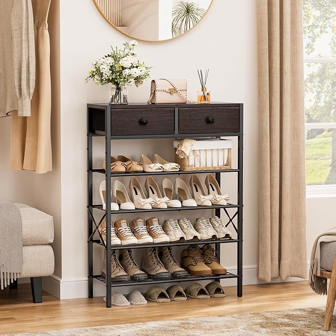 Shoe Rack for Entryway, 5 Tier Shoe Organizer with 2 Non-Woven Drawers, Metal Storage Shoe Shelf for 16-20 Pairs of Shoes, with Wooden Top and Steel Frame, Shoe Stand for Closet Dark Brown