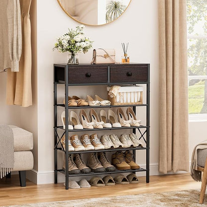 Shoe Rack for Entryway, 5 Tier Shoe Organizer with 2 Non-Woven Drawers, Metal Storage Shoe Shelf for 16-20 Pairs of Shoes, with Wooden Top and Steel Frame, Shoe Stand for Closet Dark Brown