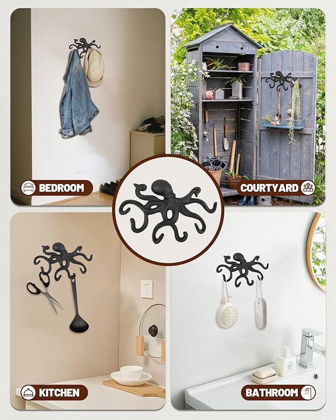 Wall Hooks for Hanging - Cast Iron Vintage Wall Decor Coat Rack - Vintage Rustic Design Hat Hooks for Kitchen, Entryway - Handmade Heavy Duty Key Hook (Octopus)