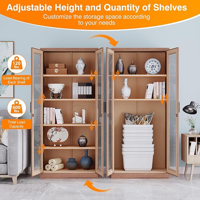 Glass Display Cabinet,Metal Storage Cabinet with Doors and 4 Adjustable Shelves,Lockable Glass Display Case for Home,Office and Exhibition Hall (Rustic Brown)