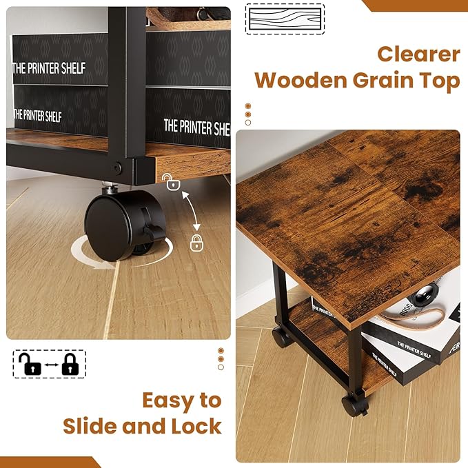 Printer Table, 2-Tier Under Desk Printer Stand with Charging Station, Printer Stand with Wheels, Printer Shelf for Small Spaces, PrinterCart for Home Office Rustic Brown