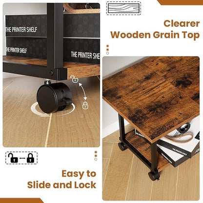 Printer Table, 2-Tier Under Desk Printer Stand with Charging Station, Printer Stand with Wheels, Printer Shelf for Small Spaces, PrinterCart for Home Office Rustic Brown