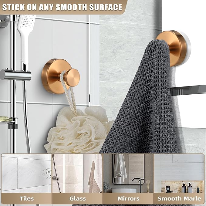 Suction Cup Hooks for Shower No-Drill Bathroom Hooks for Towels, Robes, Loofah Mountable on Bathroom Walls, Kitchen, Glass, Mirrors, Tile and Smooth,Non-Porous Surfaces (2, Champagne Bronze)