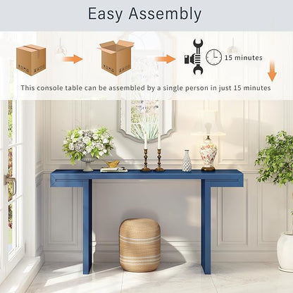 60" Large Console Table with Geometric Clean Lines Design,Stylish Entryway Table with Painted Finish and Adjustable Feet,Suitable for Living Room,Entryway,Navy Blue