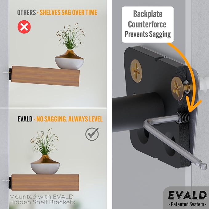 EVALD LevelMate™ 4-Inch Uni-Mount Floating Shelf Brackets | Hidden Black Carbon Steel Wall Supports for Wood Mantel, Kitchen Shelving, Bookshelves & Office Décor | Anti-Sag Pinol Screw System (6 Pack)