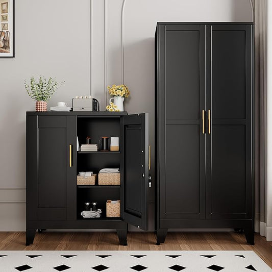 Black Metal File Cabinet with Lock (Two Units), Steel Storage Cabient with 2 Doors and 2 Adjustable Shelves, Multifunctional Locked Cabinet for Home/Office/Garage/Tool Room, Accent Furniture