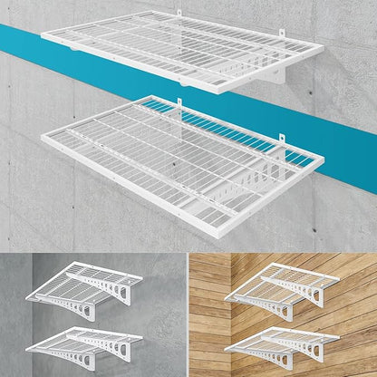 2-Pack 2×3ft(24×36 inch) Garage Wall Shelving, 500 lbs Load Capacity, Garage Wall Mounted Shelves, Heavy Duty Shelf with Hooks, White