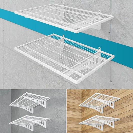 2-Pack 2×3ft(24×36 inch) Garage Wall Shelving, 500 lbs Load Capacity, Garage Wall Mounted Shelves, Heavy Duty Shelf with Hooks, White