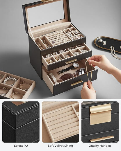 SONGMICS GISELLA Collection - Jewelry Box Organizer, 4-Layer Jewelry Storage with 3 Drawers, Shiny Metal Hardware, Glass Lid, Modern, 6 x 9.9 x 8.5 Inches, Ink Black and Gold Color UJBC161B02