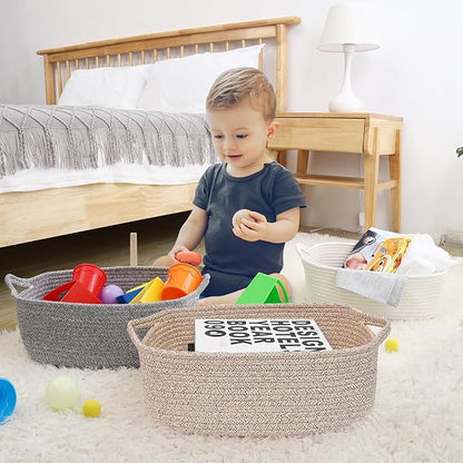 ABenkle Small Storage Basket with Handles, Cotton Rope Woven Dog Cat Toy Bin, Decorative Shelves Closet Organizing for Nursery Laundry Bedroom Bathroom, 14.2''x 11''x 5.1''