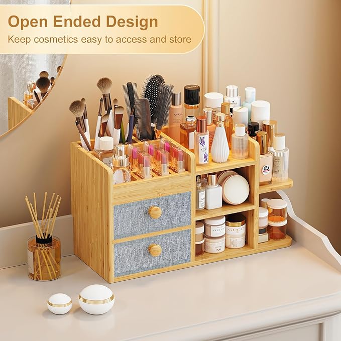 Large Makeup Organizer Countertop For Vanity Dresser, Bamboo Bathroom Counter Organizers And Storage,Cosmetic Skincare Perfume Organizer With 3 Makeup Brush Holder/2 Drawers/5 Shelves /8 Compartments
