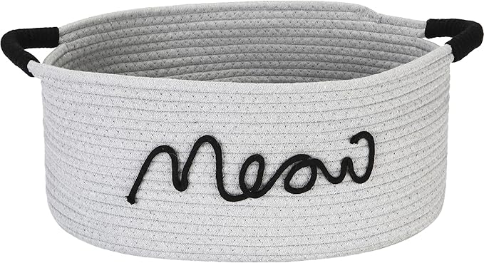 Sea Team Cat Toy Storage Basket with Handles, 16.5 x 11 x 7 Inches, 4.4 Gallons Large Cotton Rope Storage Bin, Shelf Basket, Organizer for Pet Chew Toys, Foods, Grey Meow