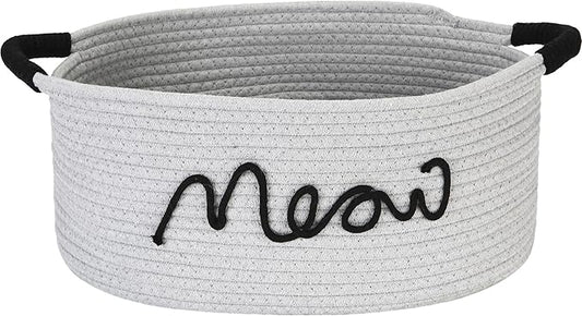 Sea Team Cat Toy Storage Basket with Handles, 16.5 x 11 x 7 Inches, 4.4 Gallons Large Cotton Rope Storage Bin, Shelf Basket, Organizer for Pet Chew Toys, Foods, Grey Meow