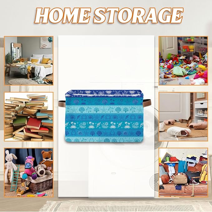 Rectangle Blue Ocean Nursery Storage Basket, Collapsible Storage Box Bin with Handles for Toy, Storage Basket for Friend, Laundry Organizer for Room, Gifts for Chritsmas Thanksgiving 14.9x11x9.4in