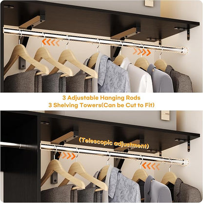 Cyclysio 96 Inch Closet System, 8 FT Hanging Closet Organizer System, Walk in Closet System with 4 Adjustable Rods and 3 Shelving Towers for 4-8FT Spaces(Cut-to-Fit), Black
