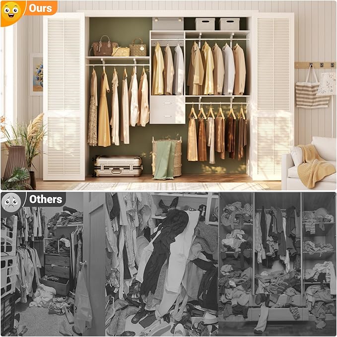 Cyclysio 8 FT Hanging Closet Organizer System, 96 Inch Closet System with Drawers, Walk in Closet System with 4 Adjustable Rods and 3 Shelving Towers for 4-8FT Spaces(Cut-to-Fit), White