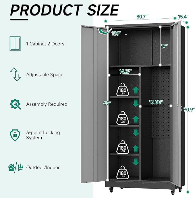 Metal Garage Storage Cabinet with Locking Doors and Adjustable Shelves, Rolling Tool Storage on Wheels - Black Gray