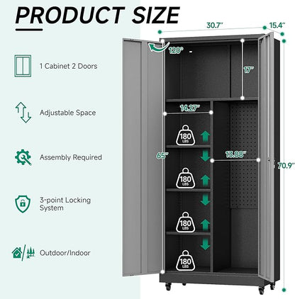 Metal Garage Storage Cabinet with Locking Doors and Adjustable Shelves, Rolling Tool Storage on Wheels - Black Gray