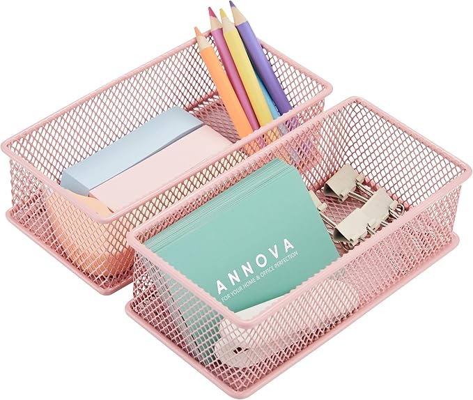 Annova Mesh Stackable Drawer Cabinet and Shelf Organizer Bins Storage Basket School Office Supply Holder Tray- Set of 2 (Light Pink, 3x6x2 Inch)