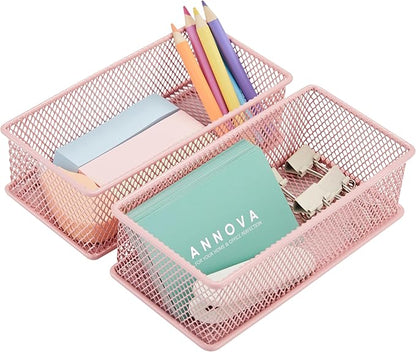 Annova Mesh Stackable Drawer Cabinet and Shelf Organizer Bins Storage Basket School Office Supply Holder Tray- Set of 2 (Light Pink, 3x6x2 Inch)