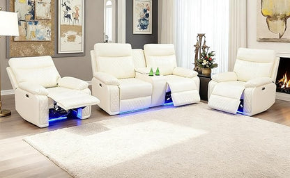 3 Pieces Reclining Living Room Set, Breathing Leather Power Recliner Loveseat Chair Set, Living Room Furniture Sets with LED, Cup Holders Hidden Storage for Home/Office/Meeting Room,Beige