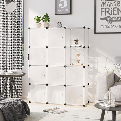 C&AHOME Cube Storage Organizer with Doors, 12-Cube Shelves, Closet Cabinet, DIY Plastic Modular Bookshelf Ideal for Bedroom, Living Room, 36.6”L x 12.4”W x 48.4”H Transparent White USHS3012W-DOOR