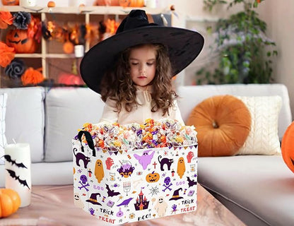 Large Halloween Themed Candy Gift Boo Basket for Kids Baby Personalized Adults Storage Bin Fall Decor(Purple Skull Castle Cat Spooky)