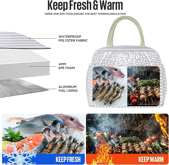 Lunch Bag Women/Men Lunch Box Women/Men (Grey+White Stripes)