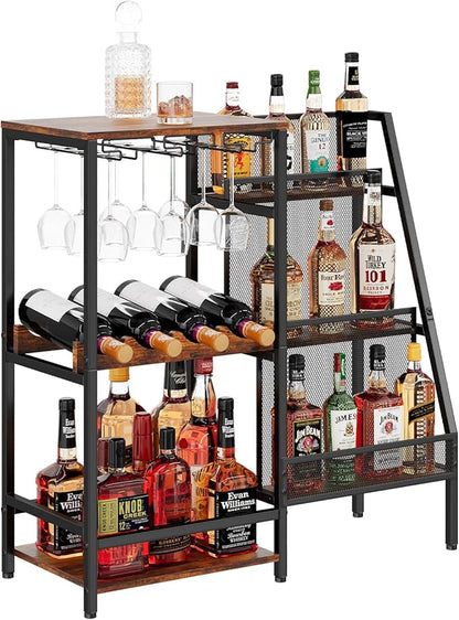Versatile Liquor Stand for Home Bar, Wine Rack Freestanding Floor, Mini Bar Table for Liquor Whiskey Wine, 3-Tier Trapezoidal Liquor Bottle Display Shelf with Glass Holder and Fences(Patent Pending)