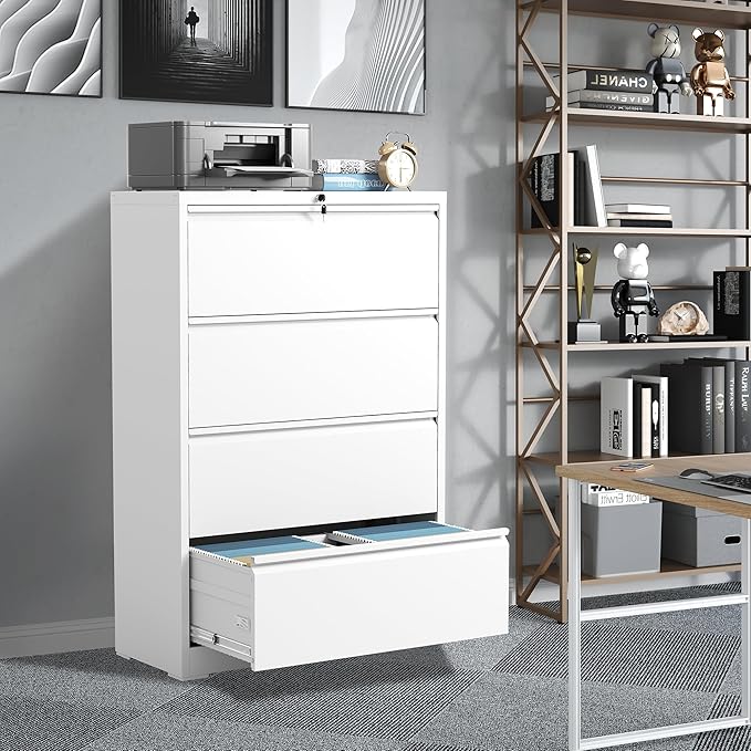 File Cabinets 4 Drawer,Metal Office Storage Filing Cabinet with Lock,White Lateral Filing Cabinet for Home Office,Horizontal Locking File Cabinet for Legal/Letter/A4,Assembly Require,White