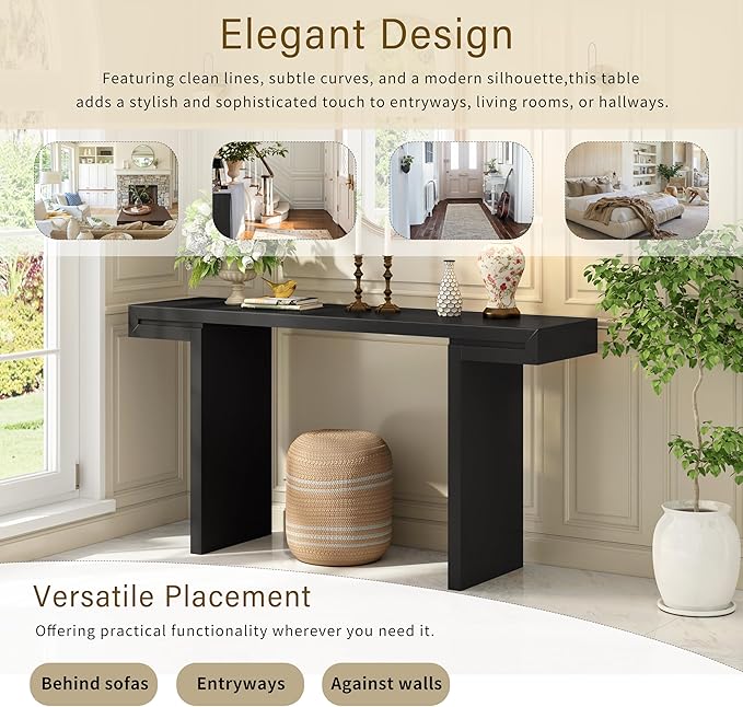 60" Large Console Table with Geometric Clean Lines Design,Stylish Entryway Table with Painted Finish and Adjustable Feet,Suitable for Living Room,Entryway,Hallway,Black