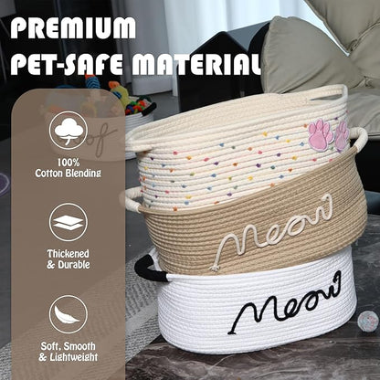 Sea Team Cat Toy Storage Basket with Handles, 16.5 x 11 x 7 Inches, 4.4 Gallons Large Cotton Rope Storage Bin, Shelf Basket, Organizer for Pet Chew Toys, Foods, Beige Meow