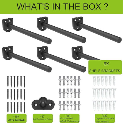 Floating Shelf Bracket（1/4 Inch Thick 6 Pack, 8 Inch Black） Solid Steel Support, Hidden Heavy Duty Shelf Bracket, Invisible &Blind Design for Wood Shelves，Suitable for Kitchen, Study or DIY