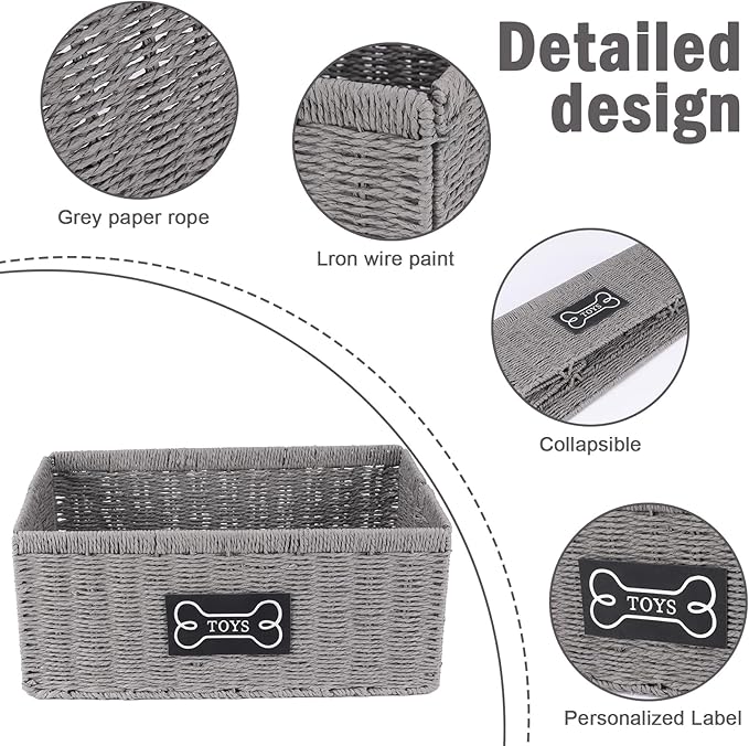 Geyecete dog toy basket,square Living pet toy bin basket Wicker dog toy box Foldable Pet Toy Storage Organizer, Grey Paper Rope & Steel Wire Basket