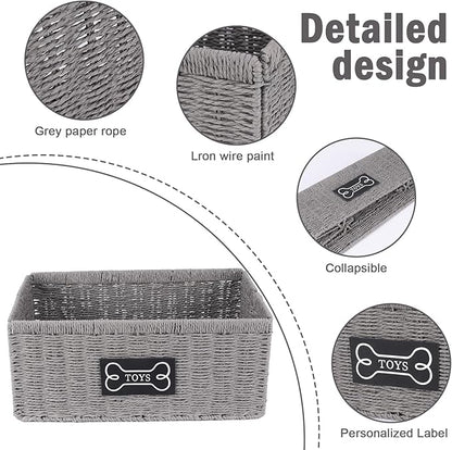 Geyecete dog toy basket,square Living pet toy bin basket Wicker dog toy box Foldable Pet Toy Storage Organizer, Grey Paper Rope & Steel Wire Basket